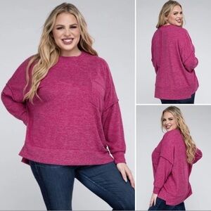 ZENANA Ribbed Brushed Melange Hacci Sweater with a Pocket Magenta Size 2X NWOT